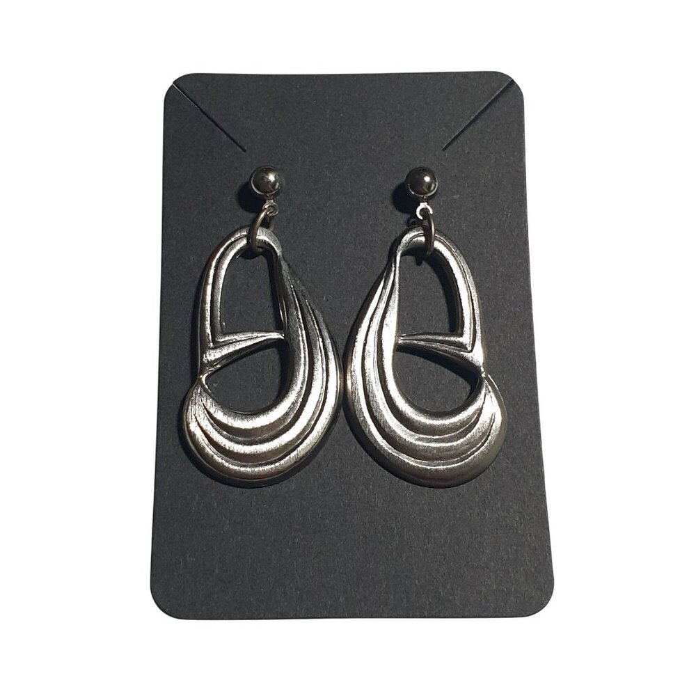 Vintage Silver Dangle Earrings Modern Abstract Tear Drop Design Jewelry 2 Inch